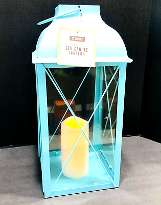 #ad NWT Flameless Candle Lantern Beachy Blue Metal Glass Timer LED Hinged Door NEW $37.99