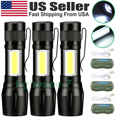 #ad 3PCS Tactical LED Flashlight Super Bright Rechargeable Zoomable Side Lamp Torch $9.90