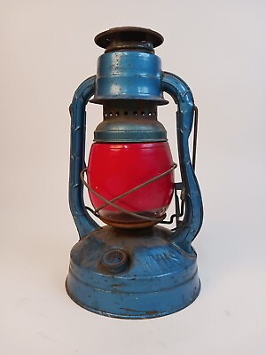 #ad Vintage Dietz LITTLE WIZARD Blue Hanging Railroad Lantern With Red Globe NY USA $30.00