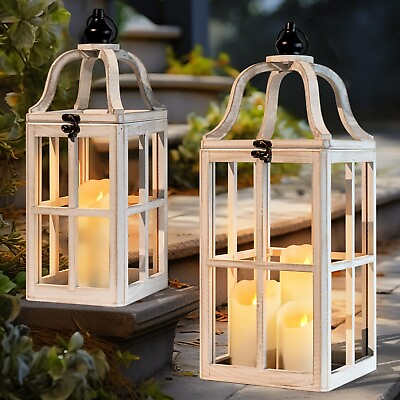 #ad Rustic Farmhouse Wooden Candle Lanterns Decorative Set of 2 Extra Large Hang... $147.59