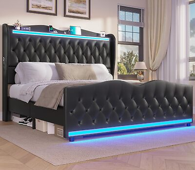 #ad Full Queen King LED Bed Frame Upholstered Platform Bed with Wingback Headboard $249.89