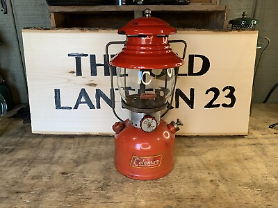 #ad 1957 Yellow Line Coleman 200A Red Lantern with USA Coleman Globe Tested Works $130.00