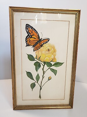 #ad Monarch Butterfly Yellow Carnation Flower Mid Century Folk Art Pastel Drawing $124.99