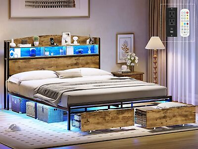#ad LED Bed Frame with Storage Headboard Metal Platform Bed with 4 Drawers Brown $189.89