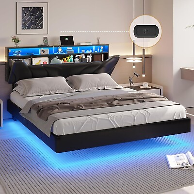 #ad Queen Floating Bed Frame with Storage Headboard amp;LED Lights Modern Platform Bed $259.97
