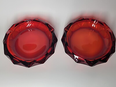 #ad Viking Glass Ruby Red 9in Pair of Diamond Point Cigar Ashtray Vintage MCM $130.00
