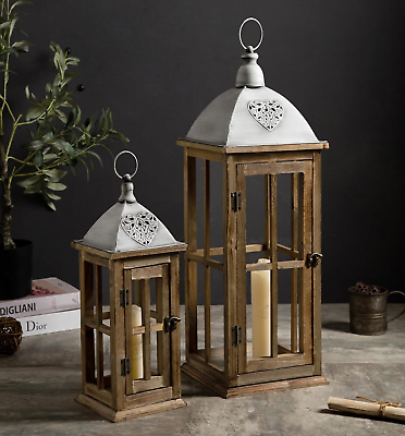 #ad Large Rustic Lantern Decorative Set of 2 Farmhouse Wooden Metal Floor Candle... $98.04