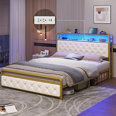 #ad Queen Bed Frame with LED Lights amp;2 Tier Headboard Storage Platform Bed Frame $169.97