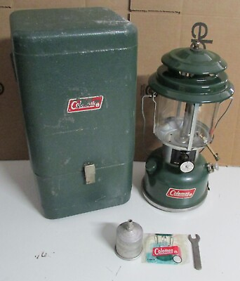 #ad Vintage 1974 Green COLEMAN Kerosene Camping Lantern Light Metal Case Accessories $337.50