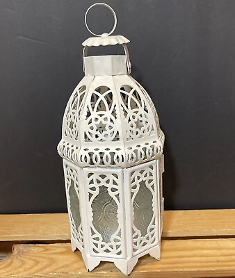 #ad White Metal Lattice Candle Lantern Shabby Chic 10” $24.93
