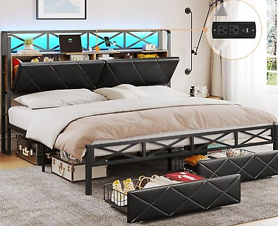 #ad King Size LED Bed Frame with Storage Headboard and 2 Drawers Metal Platform Bed $269.97