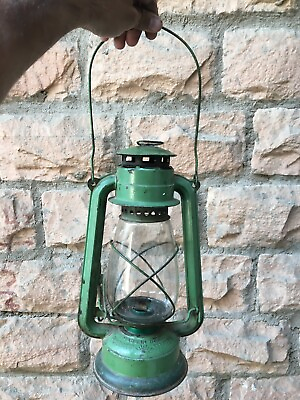 #ad OLD VINTAGE RARE ARMY COLOR IRON KEROSENE LAMP LANTERN WITH ORIGINAL GLASS GLOBE $145.38