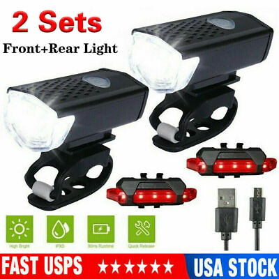 #ad 2 Sets USB Rechargeable LED Bicycle Headlight Bike Front Rear Lamp Cycling US $8.99