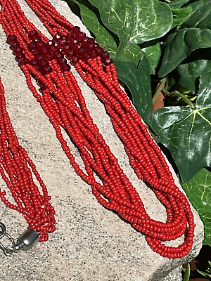 #ad Vintage Red Glass Crystal 10 Strand Bead Necklace Jewelry $19.86