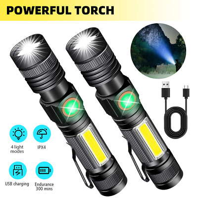 #ad 2 Packs Magnetic LED Torch Super Bright COB Flashlight USB Rechargeable Torch $18.04