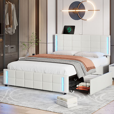 #ad Queen Size LED Bed Frame w Storage Drawers Upholstered Platform Bed w USB Ports $269.86
