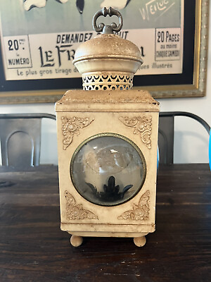 #ad Vintage Lantern Candle Light Rusty Patina Metal Three Glass Panels Hanging Stand $60.00