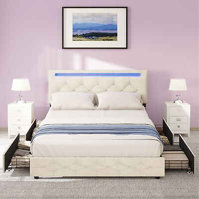 #ad Queen Size Led Bed Frame w Adjustable Upholstered Headboard Platform4 Drawers $257.74