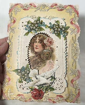 #ad Valentines Day Card 1900s INTRICATE Lace Lady Roses Opens Paper Peacock Antique $59.00