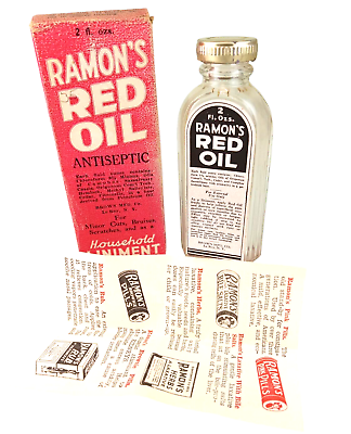 #ad Vintage Medicine Bottle RAMON#x27;S RED OIL Empty W Box amp; Paper Antiseptic Liniment $15.00