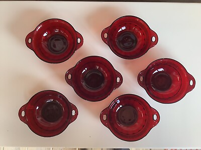 #ad Coronation Ruby Red Depression Glass 6 Double Handle Dessert Bowls 5 3 4 Hocking $24.99