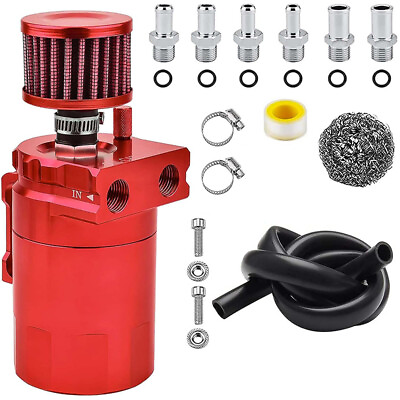 #ad Red Oil Catch Can Kit Reservoir Baffled Tank with Breather Filter Universal Alum $18.99