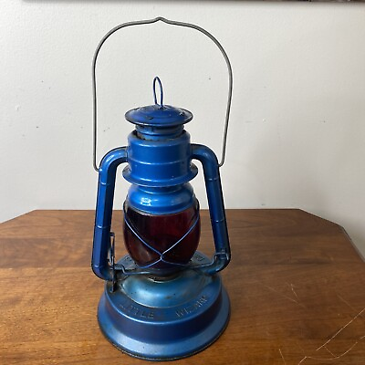 #ad Vintage Dietz Blue Little Wizard Kerosene Lantern Red Glass Globe Antique $150.00