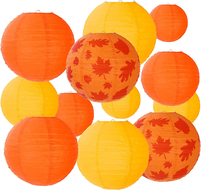 #ad 12Pcs Fall Orange round Paper Lanterns Maple Leaf Pattern Assorted Sizes Hanging $27.49