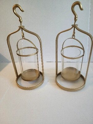 #ad 2 Gold Tone Hurricane Candle Holders Lanterns Hook or Table Top 15quot; $19.99
