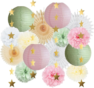#ad Sage Green and Pink Party Decorations Paper Lanterns Decorative Pink Gold Tissue $32.99