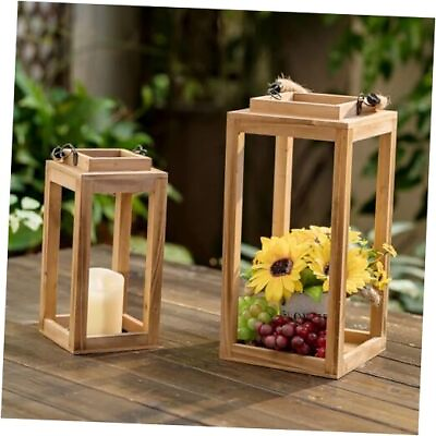 #ad Farmhouse Wooden Candle Lanterns Decorative Set of 2 Rustic Hanging Brown $67.18
