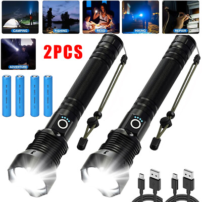 #ad 2PCS LED Flashlight Super Bright Tactical Police Torch USB Rechargeable Lamp US $59.98