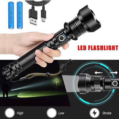 #ad Powerful Tactical Flashlight LED USB Rechargeable Torch Super Bright Zoomable $28.49