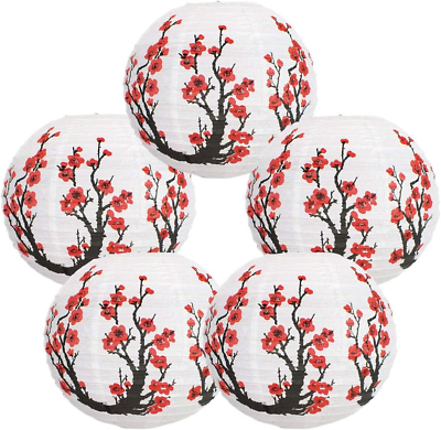 #ad 12 Inch Cherry Blossom Japanese Chinese Paper Lanterns Set of 5 Red Sakura $25.00