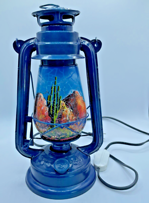 #ad Hand Painted 12” Inch Vintage Kerosene Lantern Converted Electric Desert Scene $52.99