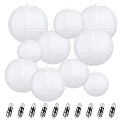 #ad 10 PCS White Paper Lanterns with Battery Power LED Lights 4 Sizes Round $30.89