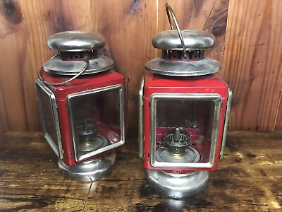 #ad 2 Vintage Carriage Hurricane Kerosene Lanterns Lamps Red Metal Oil Light $34.99