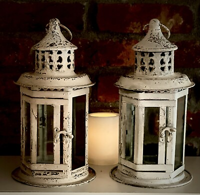 #ad 2 Antique White Shabby Chic Country Vintage Style Lanterns Wedding Centerpiece $69.00