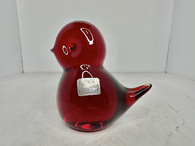 #ad Vintage MCM Viking Glass Bird Chick In Ruby W Label Stunning $39.99