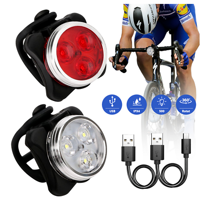 #ad 2 Set USB Rechargeable LED Bicycle Headlight Bike Front Rear Lamp Cycling Light $8.99
