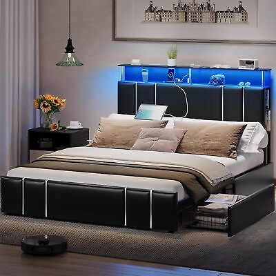 #ad LED Bed Frame with Storage Headboard amp; Drawer Leather Upholstered Bed Black $269.89