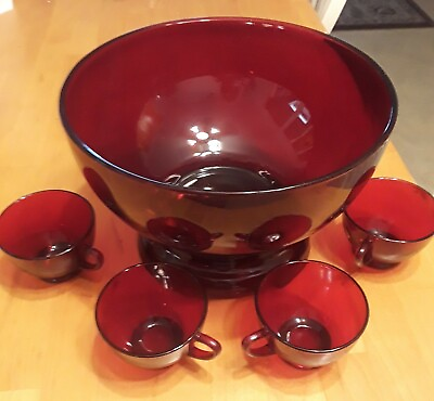 #ad Vintage 1960s Ruby Red Depression Glass Punch Bowl W Base And 12 Glasses $200.00