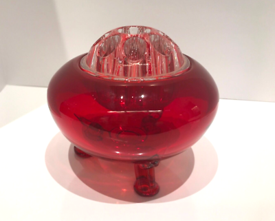 #ad VTG Viking Glass MCM Red Footed Flower Frog Bowl Vase centerpiece READ $45.00