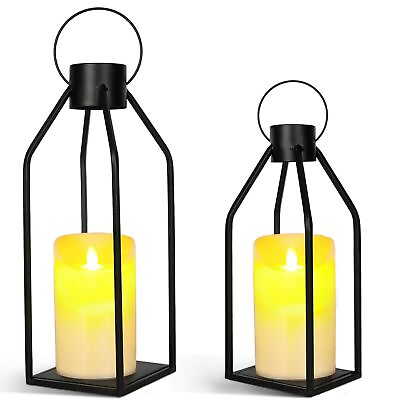 #ad Rustic Farmhouse Candle Lantern Set of 2 Black Decorative Lanterns with Metal... $33.75