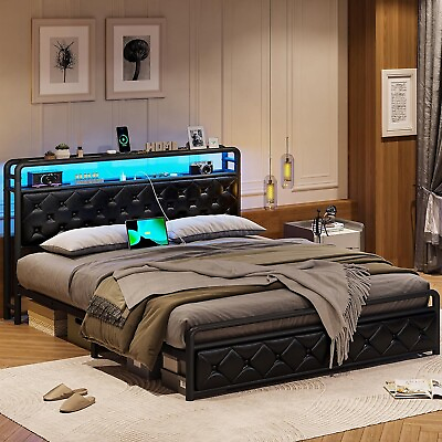 #ad Queen Size LED Bed Frame with Storage Headboard Faux Leather Platform Bed Black $189.89