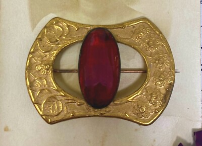 #ad Antique Art Nouveau Era Ruby Red Glass amp; Gold Plated Floral Ornate Brass Brooch $90.00