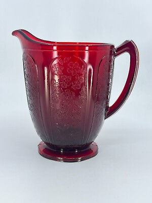 #ad 1960’s Repro Ruby Red Depression Juice Pitcher with Embossed Flowers Daisies $29.00