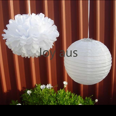 #ad 12x White paper lanterns paper pom poms wedding birthday baby shower party decor AU $31.86