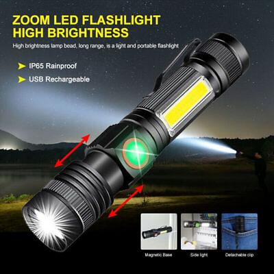 #ad 50000LMCOB LED Zoomable Flashlight USB Rechargeable Torch With Magnetic Base $8.99