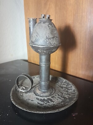 #ad Antique 1800 Tin Primitive Whale Oil Finger Lantern Black Painted Early Lighting $69.00